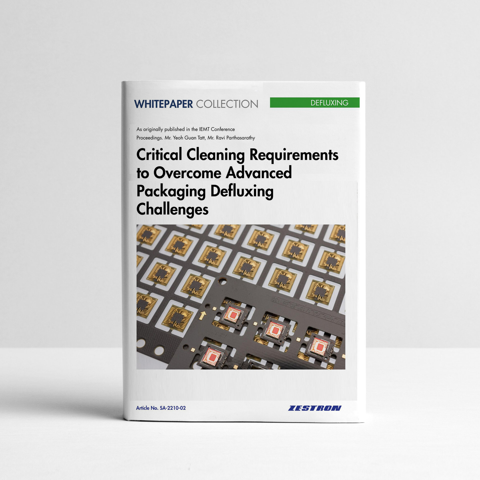 Whitepaper Cover - Critical Cleaning Requirements to Overcome Advance Packaging Defluxing Challenges | © Zestron