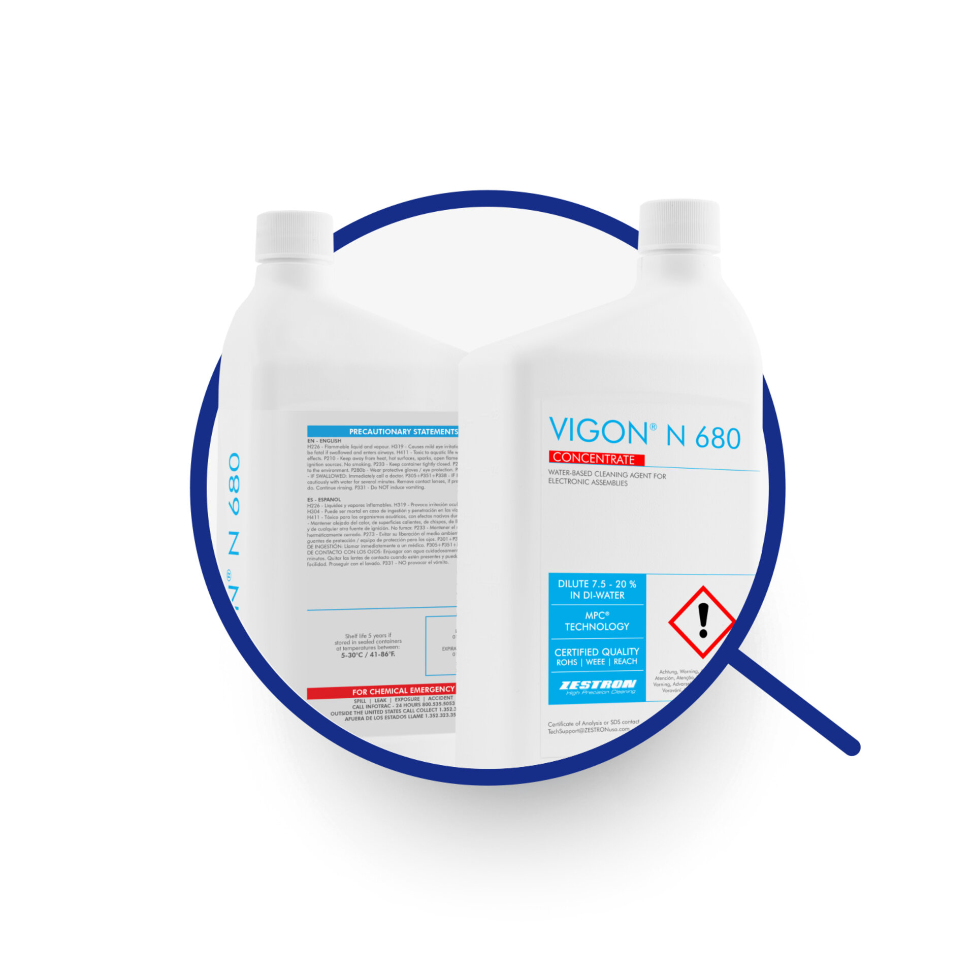 magnifying glass showing 1 liter bottle of zestron chemistry for searching