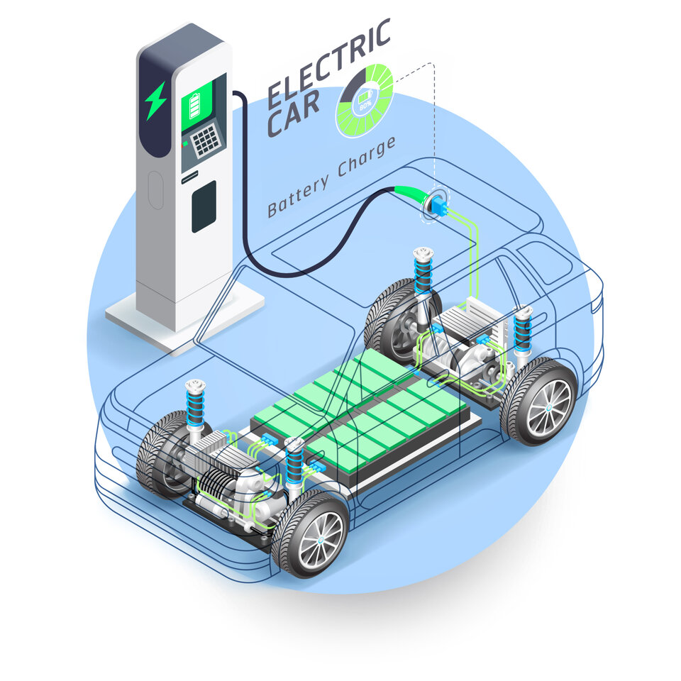ev car showing battery and inside components at charging station